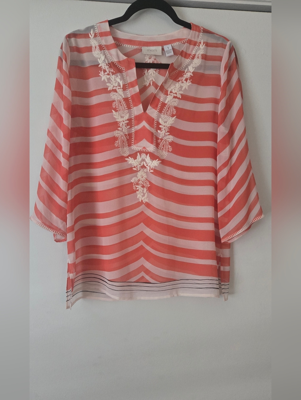 Chico's Coral & White Striped Embroidered V-Neck Tunic